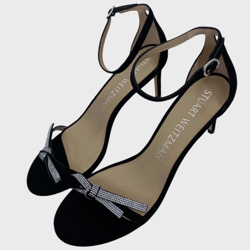 Stuart Weitzman Black Crystal Embellished Bow Nudist 75 Heels NWT Size 8 1/2